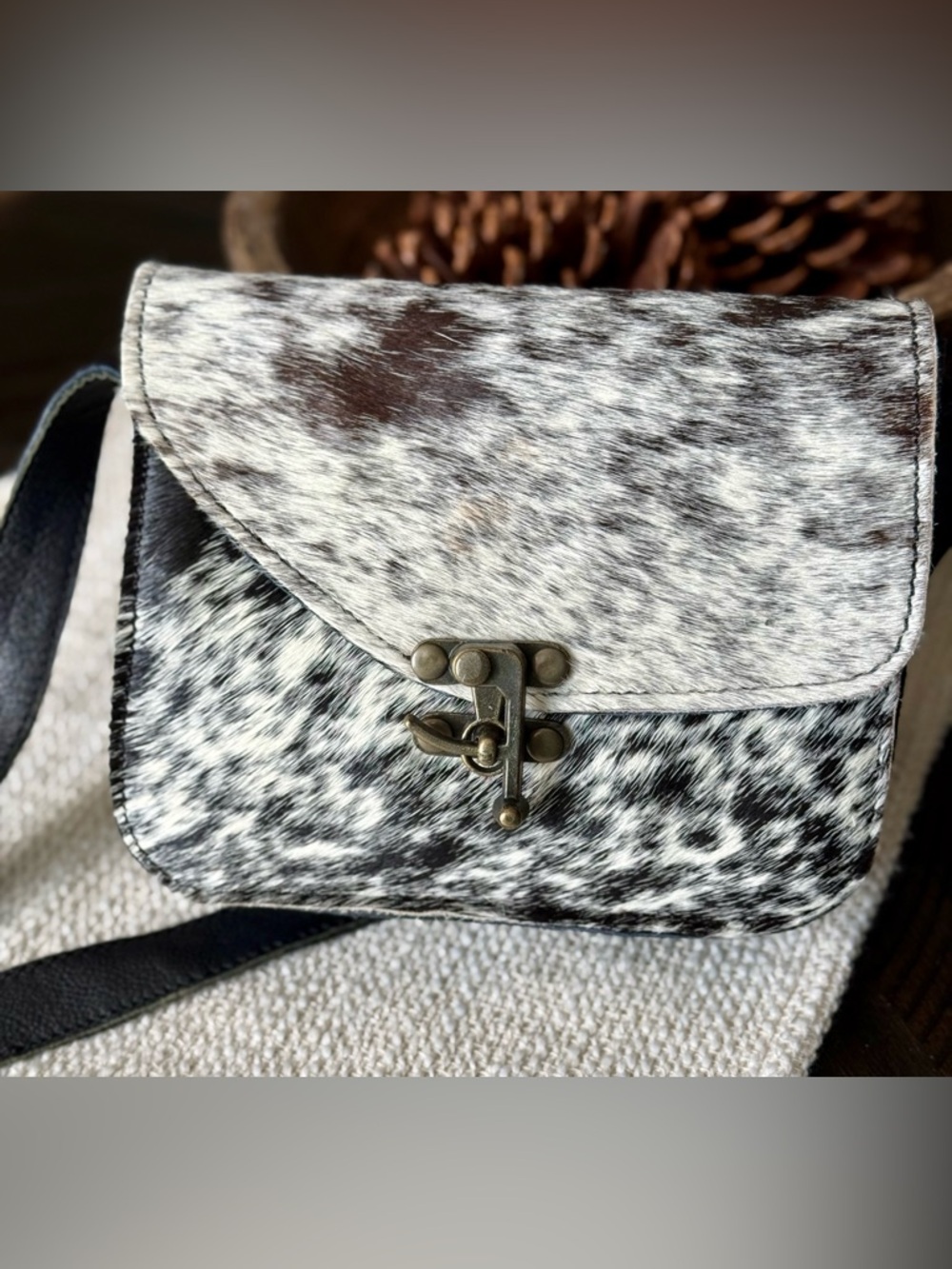 Khwama Leather Spotted Haircalf Crossbody Bag - Black & White
